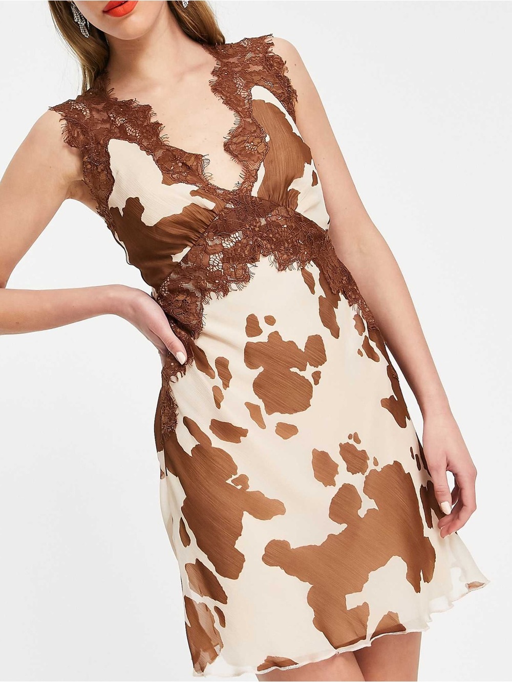 ASOS Design lace detail cow print mini slip dress
